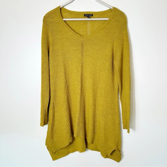Eileen Fisher Washable Wool Ethereal Rib Pullover Sweater Long Mustard Medium - Picture 1 of 7